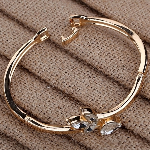 Womens Rose Gold Plated Rhinestone Inlaid Flower Slender Cuff Bangle Bracelet Image 4