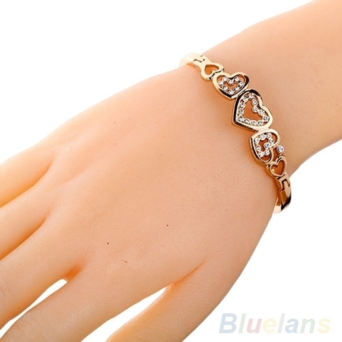 Women Chic Party Hollow Inlay Rhinestone Heart Bangle Rose Gold Alloy Bracelet Image 3