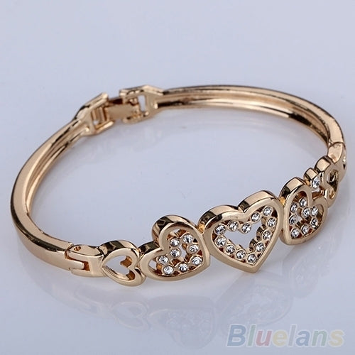 Women Chic Party Hollow Inlay Rhinestone Heart Bangle Rose Gold Alloy Bracelet Image 4