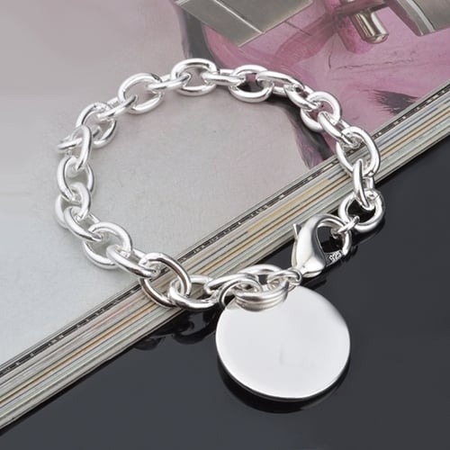 Womens Silver Plated Round Charm Pendant Chain Link Bangle Bracelet Jewelry Image 2