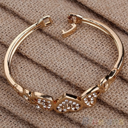 Women Chic Party Hollow Inlay Rhinestone Heart Bangle Rose Gold Alloy Bracelet Image 4