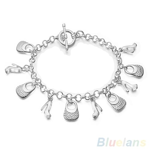 Womens Silver Plated High-Heeled Shoes Bags Pendant Charms Chain Bracelet Image 1