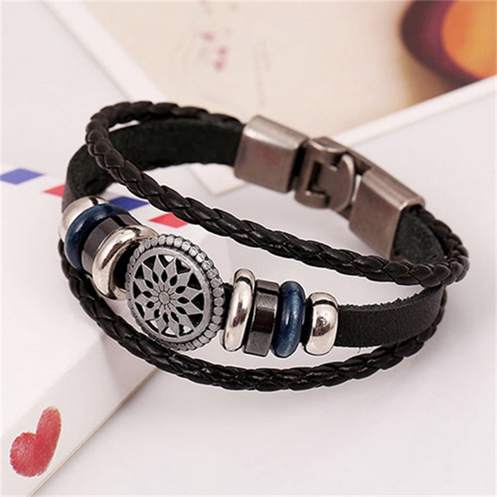 Unisex Multilayer Faux Leather Hollow Flower Braided Bracelet for Party Club Image 1