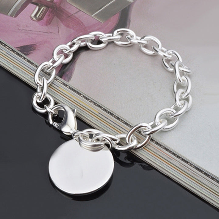 Womens Silver Plated Round Charm Pendant Chain Link Bangle Bracelet Jewelry Image 6