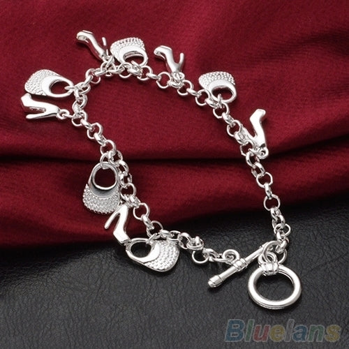 Womens Silver Plated High-Heeled Shoes Bags Pendant Charms Chain Bracelet Image 4