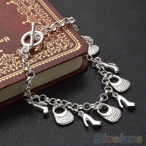 Womens Silver Plated High-Heeled Shoes Bags Pendant Charms Chain Bracelet Image 4