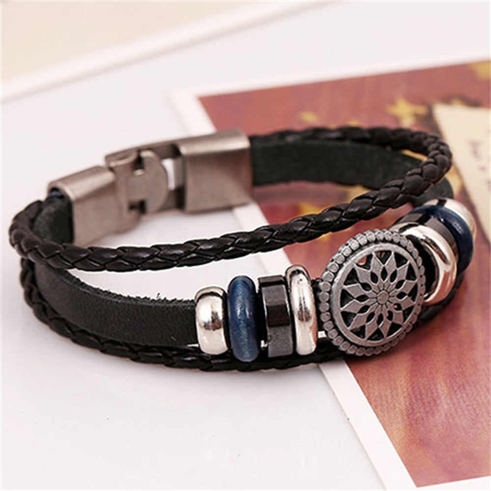 Unisex Multilayer Faux Leather Hollow Flower Braided Bracelet for Party Club Image 2