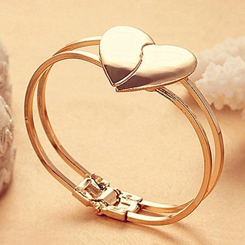 Fashion Women Gold Plated Cuff Bangle Couple Love Heart Charms Bracelet Jewelry Image 1