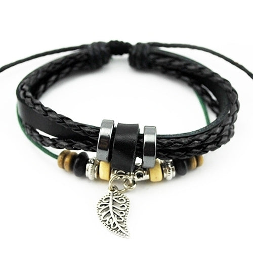 Unisex Multi-layer Faux Leather Bracelet Leaf Pendant Beads Adjustable Jewelry Image 4