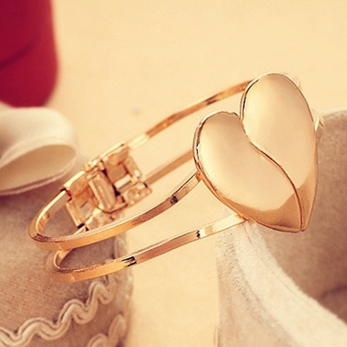 Fashion Women Gold Plated Cuff Bangle Couple Love Heart Charms Bracelet Jewelry Image 3