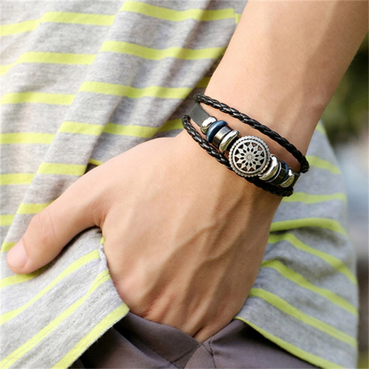 Unisex Multilayer Faux Leather Hollow Flower Braided Bracelet for Party Club Image 4