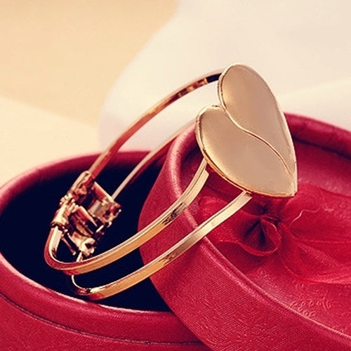 Fashion Women Gold Plated Cuff Bangle Couple Love Heart Charms Bracelet Jewelry Image 4