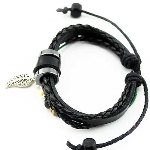 Unisex Multi-layer Faux Leather Bracelet Leaf Pendant Beads Adjustable Jewelry Image 4