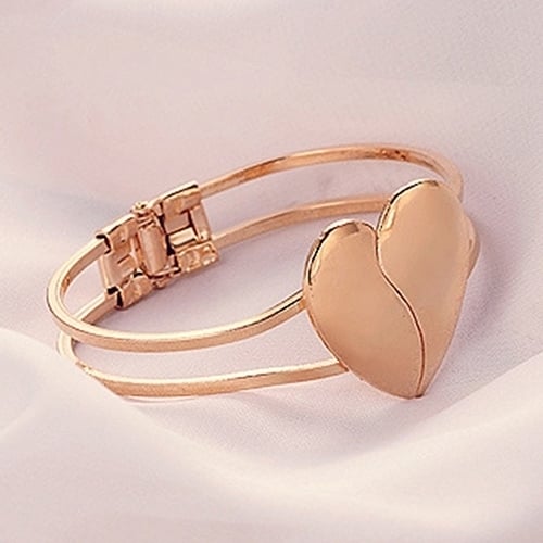 Fashion Women Gold Plated Cuff Bangle Couple Love Heart Charms Bracelet Jewelry Image 4