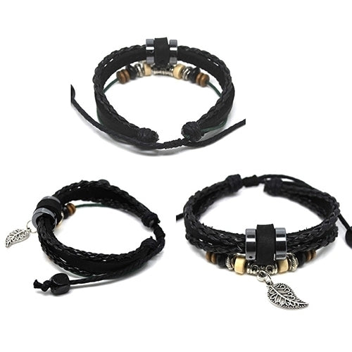 Unisex Multi-layer Faux Leather Bracelet Leaf Pendant Beads Adjustable Jewelry Image 7