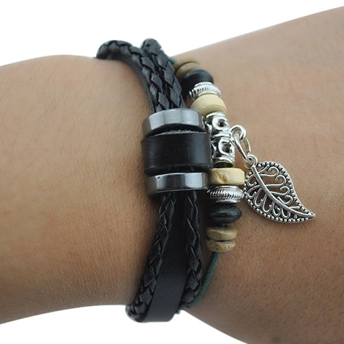 Unisex Multi-layer Faux Leather Bracelet Leaf Pendant Beads Adjustable Jewelry Image 8