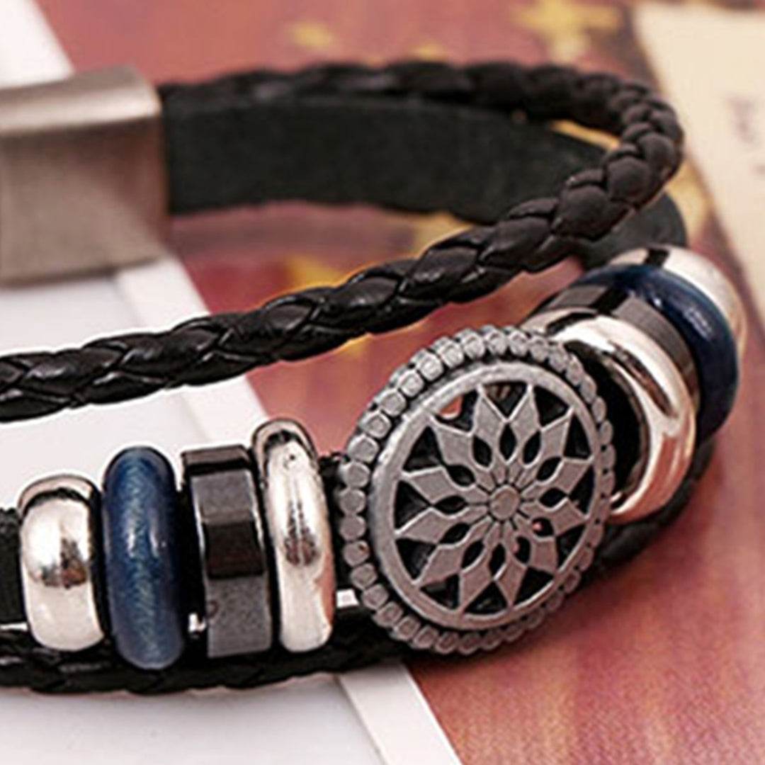 Unisex Multilayer Faux Leather Hollow Flower Braided Bracelet for Party Club Image 8