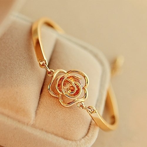 Women Golden Flower Crystal Rose Bangle Cuff Chain Bracelet Chic Jewelry Present Image 1