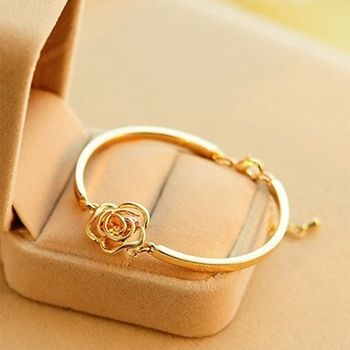 Women Golden Flower Crystal Rose Bangle Cuff Chain Bracelet Chic Jewelry Present Image 2