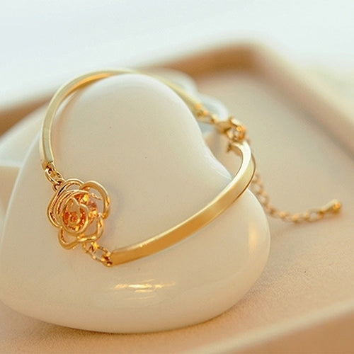 Women Golden Flower Crystal Rose Bangle Cuff Chain Bracelet Chic Jewelry Present Image 4