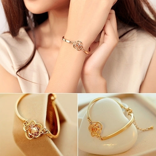 Women Golden Flower Crystal Rose Bangle Cuff Chain Bracelet Chic Jewelry Present Image 4