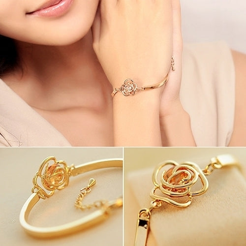 Women Golden Flower Crystal Rose Bangle Cuff Chain Bracelet Chic Jewelry Present Image 6