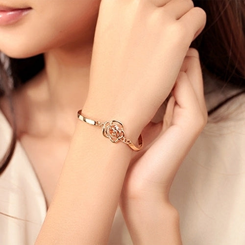 Women Golden Flower Crystal Rose Bangle Cuff Chain Bracelet Chic Jewelry Present Image 7