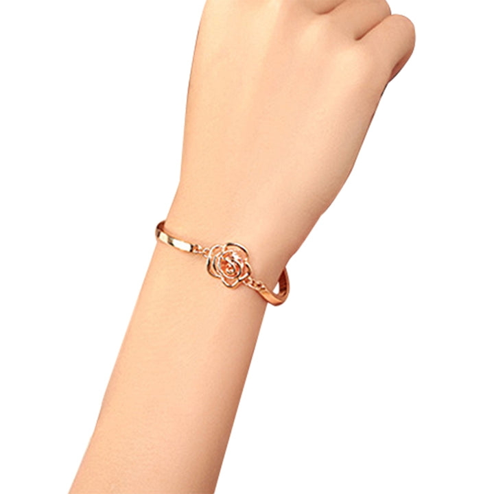 Women Golden Flower Crystal Rose Bangle Cuff Chain Bracelet Chic Jewelry Present Image 8