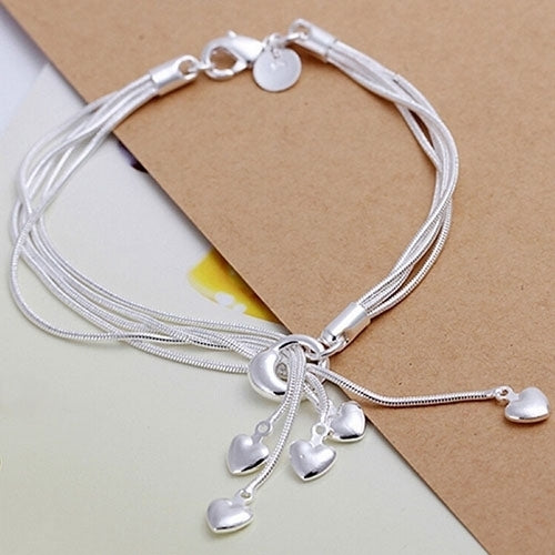 Fashion Heart Charm Pendant Silver Plated Chain Bracelet Wedding Party Jewelry Image 1