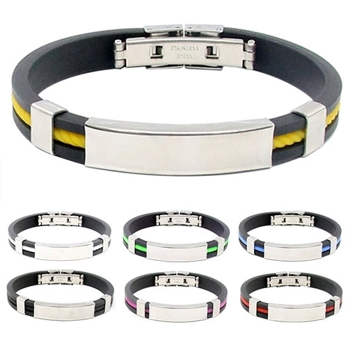 Mens Womens Cool Stainless Steel Rubber Wristband Bangle Clasp Cuff Bracelet Image 1