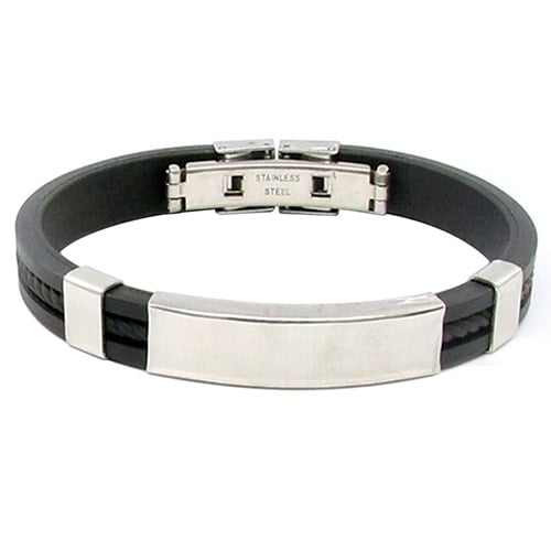 Mens Womens Cool Stainless Steel Rubber Wristband Bangle Clasp Cuff Bracelet Image 2