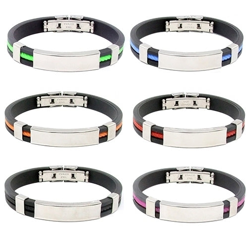 Mens Womens Cool Stainless Steel Rubber Wristband Bangle Clasp Cuff Bracelet Image 10