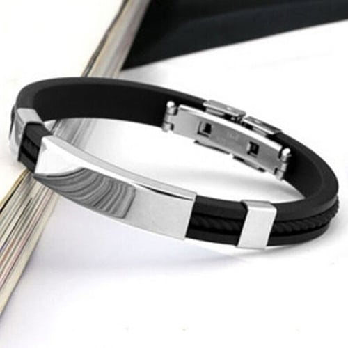 Mens Womens Cool Stainless Steel Rubber Wristband Bangle Clasp Cuff Bracelet Image 11