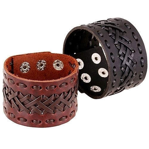 Mens Womens Punk Braid Faux Leather Wide Cuff Bracelet Button Wristband Bangle Image 1