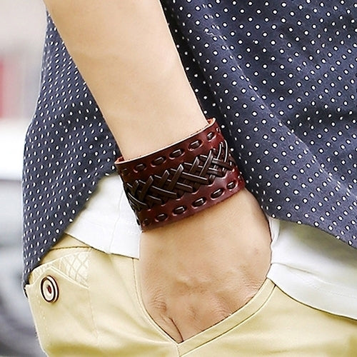 Mens Womens Punk Braid Faux Leather Wide Cuff Bracelet Button Wristband Bangle Image 2