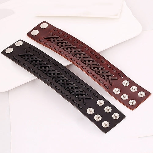 Mens Womens Punk Braid Faux Leather Wide Cuff Bracelet Button Wristband Bangle Image 3