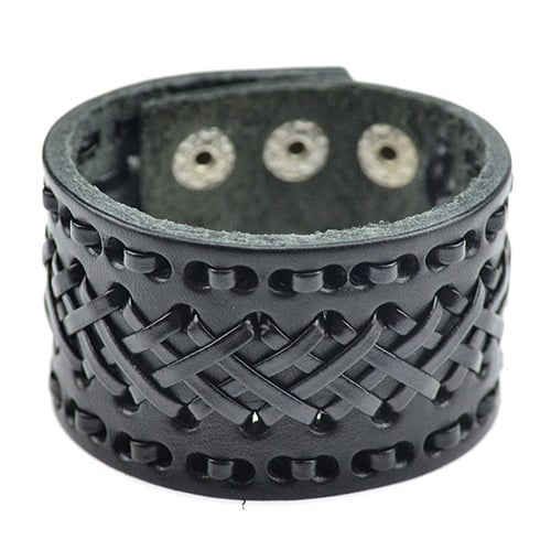 Mens Womens Punk Braid Faux Leather Wide Cuff Bracelet Button Wristband Bangle Image 4