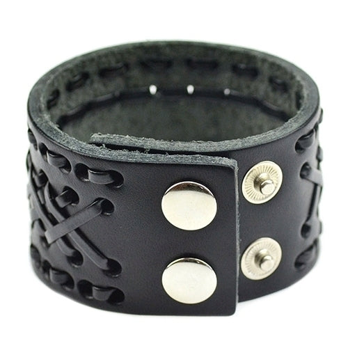 Mens Womens Punk Braid Faux Leather Wide Cuff Bracelet Button Wristband Bangle Image 4