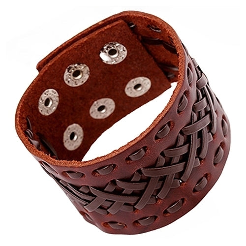 Mens Womens Punk Braid Faux Leather Wide Cuff Bracelet Button Wristband Bangle Image 7