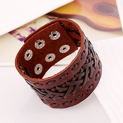 Mens Womens Punk Braid Faux Leather Wide Cuff Bracelet Button Wristband Bangle Image 8