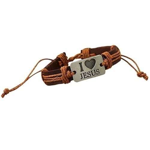 Unisex I LOVE JESUS Faux Leather Bangle Hemp Rope Chain Adjustable Bracelet Image 4