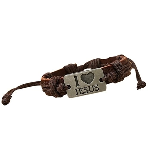 Unisex I LOVE JESUS Faux Leather Bangle Hemp Rope Chain Adjustable Bracelet Image 6