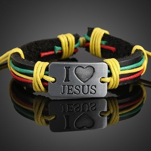 Unisex I LOVE JESUS Faux Leather Bangle Hemp Rope Chain Adjustable Bracelet Image 7