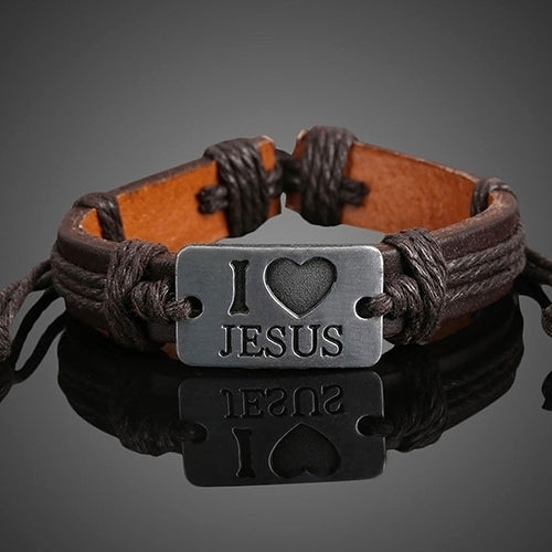 Unisex I LOVE JESUS Faux Leather Bangle Hemp Rope Chain Adjustable Bracelet Image 8