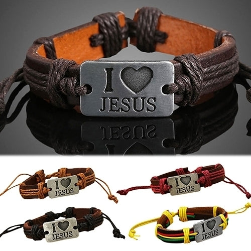 Unisex I LOVE JESUS Faux Leather Bangle Hemp Rope Chain Adjustable Bracelet Image 9