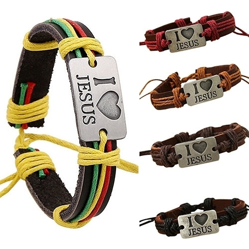 Unisex I LOVE JESUS Faux Leather Bangle Hemp Rope Chain Adjustable Bracelet Image 10