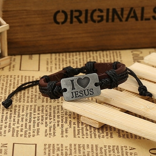 Unisex I LOVE JESUS Faux Leather Bangle Hemp Rope Chain Adjustable Bracelet Image 12