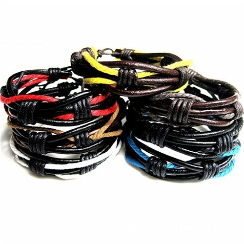 Mens Womens Braided Tribal Multilayer Bangle Faux Leather Cuff Bracelet Gift Image 10