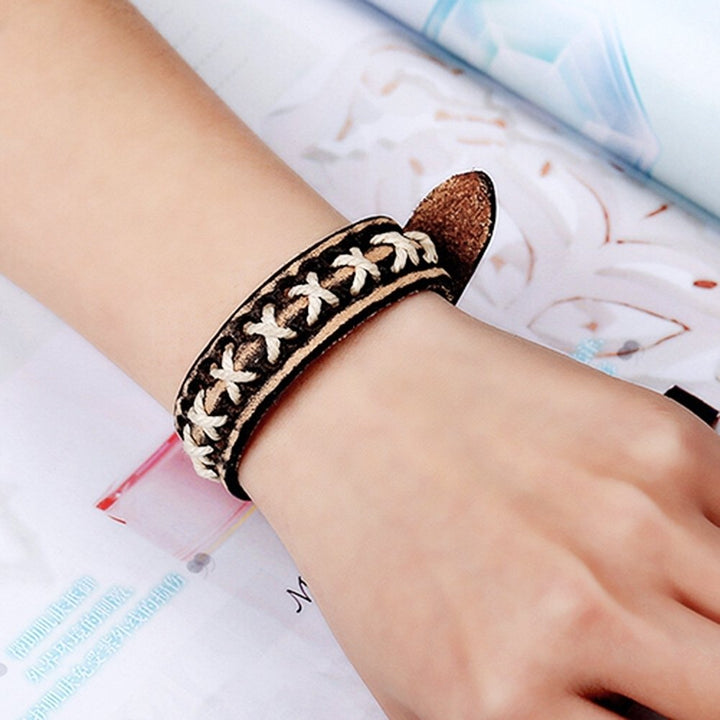 Unisex Knitted Leather Rope Buckle Bracelet Antique Punk Wristband Cuff Bangle Image 2