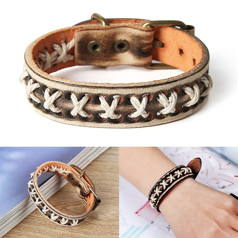 Unisex Knitted Leather Rope Buckle Bracelet Antique Punk Wristband Cuff Bangle Image 6